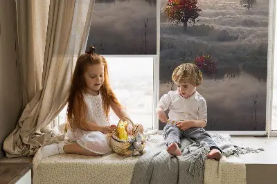 Fensterrollo mit Motiv Bäume im Nebel für den Innenbereich