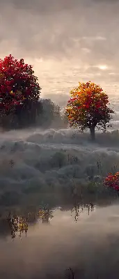 Fensterrollo mit Motiv Bäume im Nebel für den Innenbereich