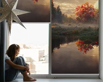 Rollo Fenster mit Motiv Sonnenuntergang hinter Bäumen