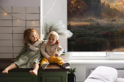 Rollo Fenster mit Motiv Sonnenuntergang hinter Bäumen