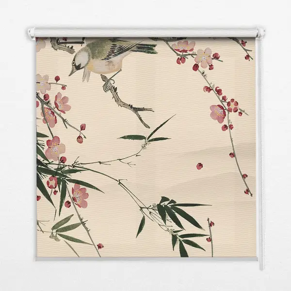 Fensterrollo mit Motiv von Kirschblüten und einem Vogel