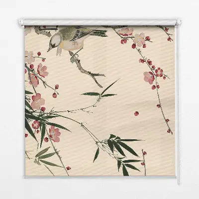 Fensterrollo mit Motiv von Kirschblüten und einem Vogel