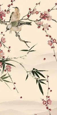 Fensterrollo mit Motiv von Kirschblüten und einem Vogel