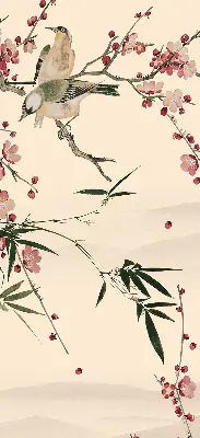 Fensterrollo mit Motiv von Kirschblüten und einem Vogel