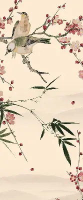 Fensterrollo mit Motiv von Kirschblüten und einem Vogel