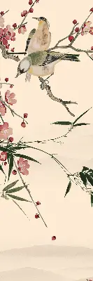 Fensterrollo mit Motiv von Kirschblüten und einem Vogel