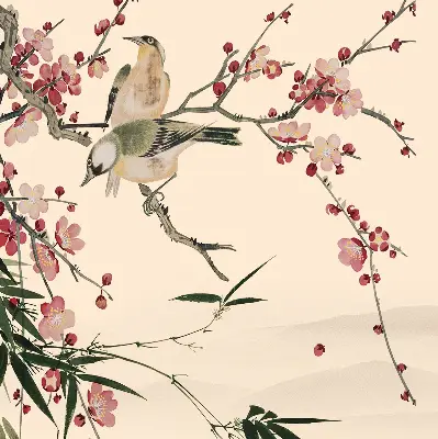 Fensterrollo mit Motiv von Kirschblüten und einem Vogel