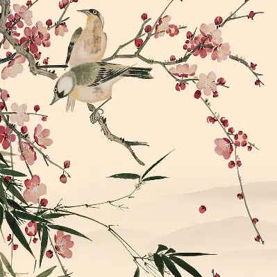 Fensterrollo mit Motiv von Kirschblüten und einem Vogel