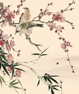 Fensterrollo mit Motiv von Kirschblüten und einem Vogel