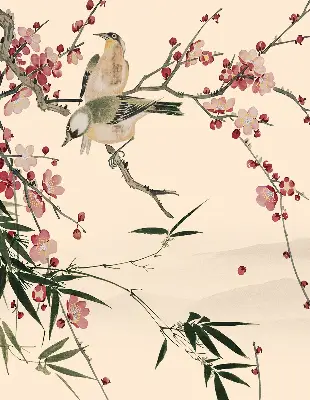 Fensterrollo mit Motiv von Kirschblüten und einem Vogel