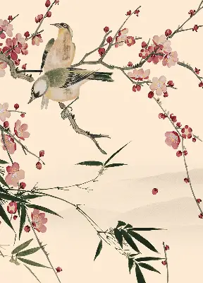 Fensterrollo mit Motiv von Kirschblüten und einem Vogel