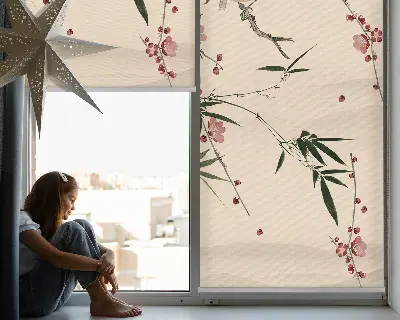 Fensterrollo mit Motiv von Kirschblüten und einem Vogel