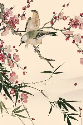 Fensterrollo mit Motiv von Kirschblüten und einem Vogel