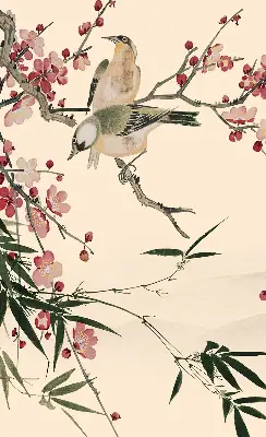 Fensterrollo mit Motiv von Kirschblüten und einem Vogel