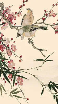 Fensterrollo mit Motiv von Kirschblüten und einem Vogel