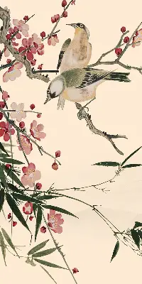 Fensterrollo mit Motiv von Kirschblüten und einem Vogel