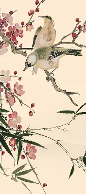 Fensterrollo mit Motiv von Kirschblüten und einem Vogel