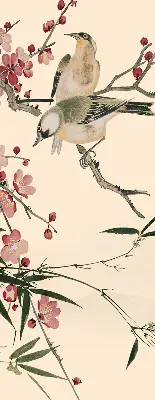 Fensterrollo mit Motiv von Kirschblüten und einem Vogel