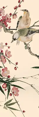 Fensterrollo mit Motiv von Kirschblüten und einem Vogel