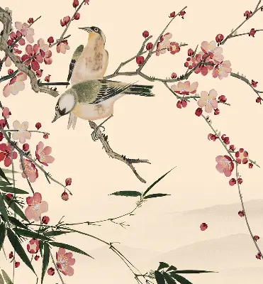 Fensterrollo mit Motiv von Kirschblüten und einem Vogel