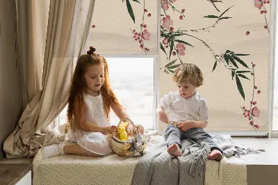Fensterrollo mit Motiv von Kirschblüten und einem Vogel