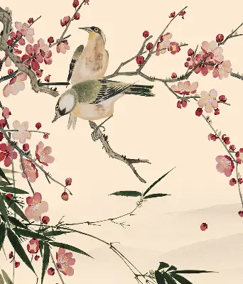 Fensterrollo mit Motiv von Kirschblüten und einem Vogel