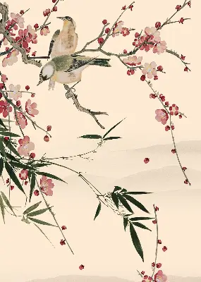 Fensterrollo mit Motiv von Kirschblüten und einem Vogel