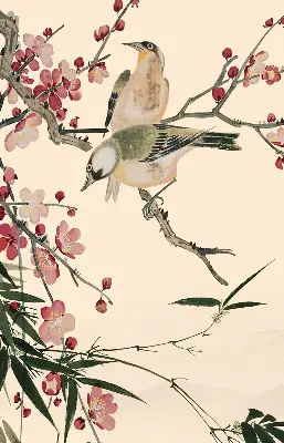 Fensterrollo mit Motiv von Kirschblüten und einem Vogel