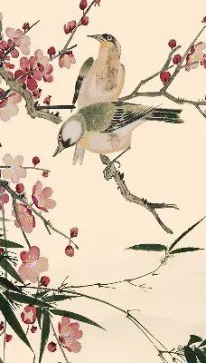 Fensterrollo mit Motiv von Kirschblüten und einem Vogel