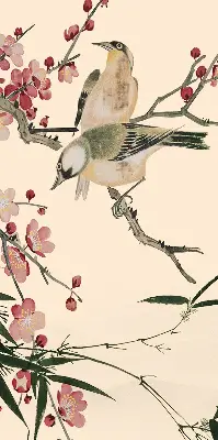 Fensterrollo mit Motiv von Kirschblüten und einem Vogel