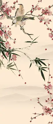 Fensterrollo mit Motiv von Kirschblüten und einem Vogel