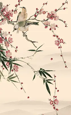 Fensterrollo mit Motiv von Kirschblüten und einem Vogel