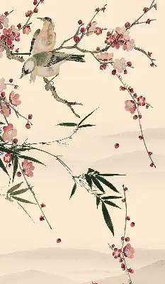 Fensterrollo mit Motiv von Kirschblüten und einem Vogel