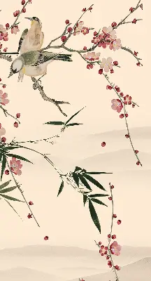 Fensterrollo mit Motiv von Kirschblüten und einem Vogel