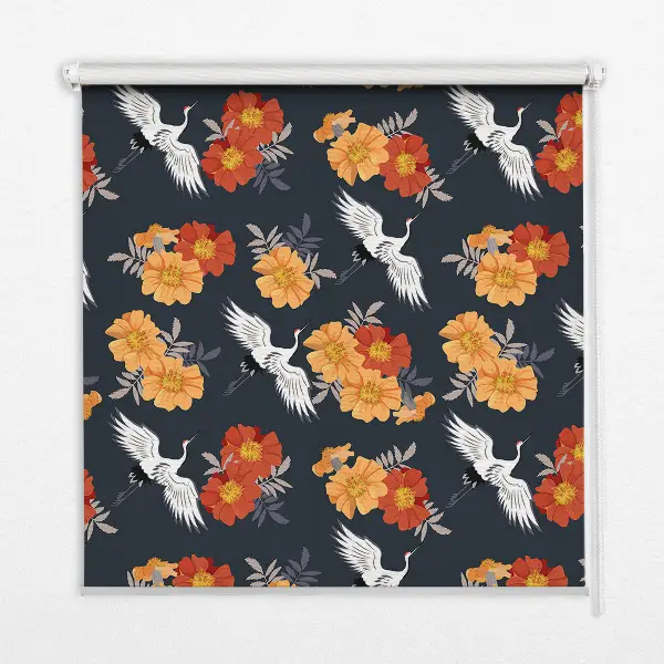 Fensterrollo mit Motiv Blumen und Kraniche