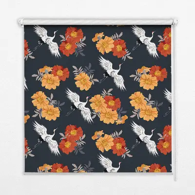 Fensterrollo mit Motiv Blumen und Kraniche