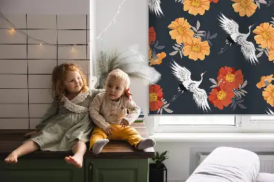 Fensterrollo mit Motiv Blumen und Kraniche