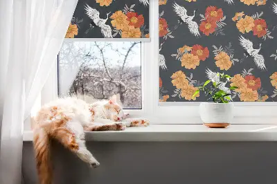 Fensterrollo mit Motiv Blumen und Kraniche