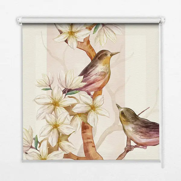 Rollo Fenster mit Motiv von Vögeln auf einem Baum mit Blüten
