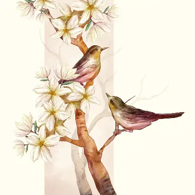 Rollo Fenster mit Motiv von Vögeln auf einem Baum mit Blüten
