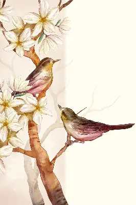 Rollo Fenster mit Motiv von Vögeln auf einem Baum mit Blüten