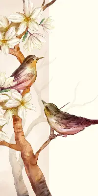 Rollo Fenster mit Motiv von Vögeln auf einem Baum mit Blüten