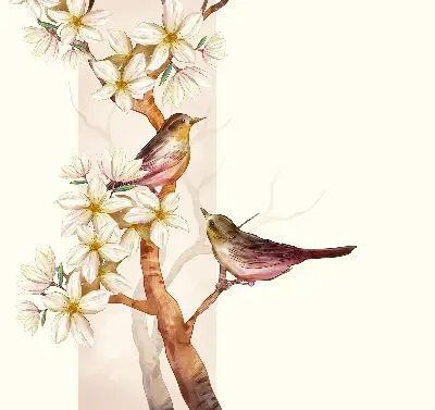 Rollo Fenster mit Motiv von Vögeln auf einem Baum mit Blüten