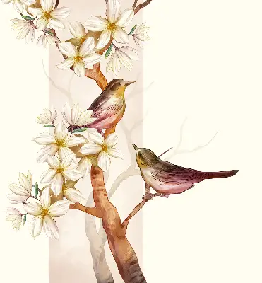 Rollo Fenster mit Motiv von Vögeln auf einem Baum mit Blüten