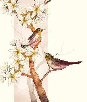 Rollo Fenster mit Motiv von Vögeln auf einem Baum mit Blüten