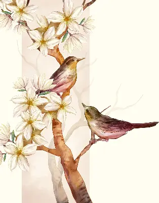 Rollo Fenster mit Motiv von Vögeln auf einem Baum mit Blüten
