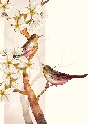 Rollo Fenster mit Motiv von Vögeln auf einem Baum mit Blüten