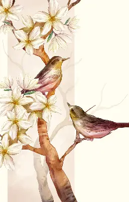 Rollo Fenster mit Motiv von Vögeln auf einem Baum mit Blüten
