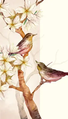 Rollo Fenster mit Motiv von Vögeln auf einem Baum mit Blüten