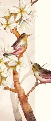 Rollo Fenster mit Motiv von Vögeln auf einem Baum mit Blüten